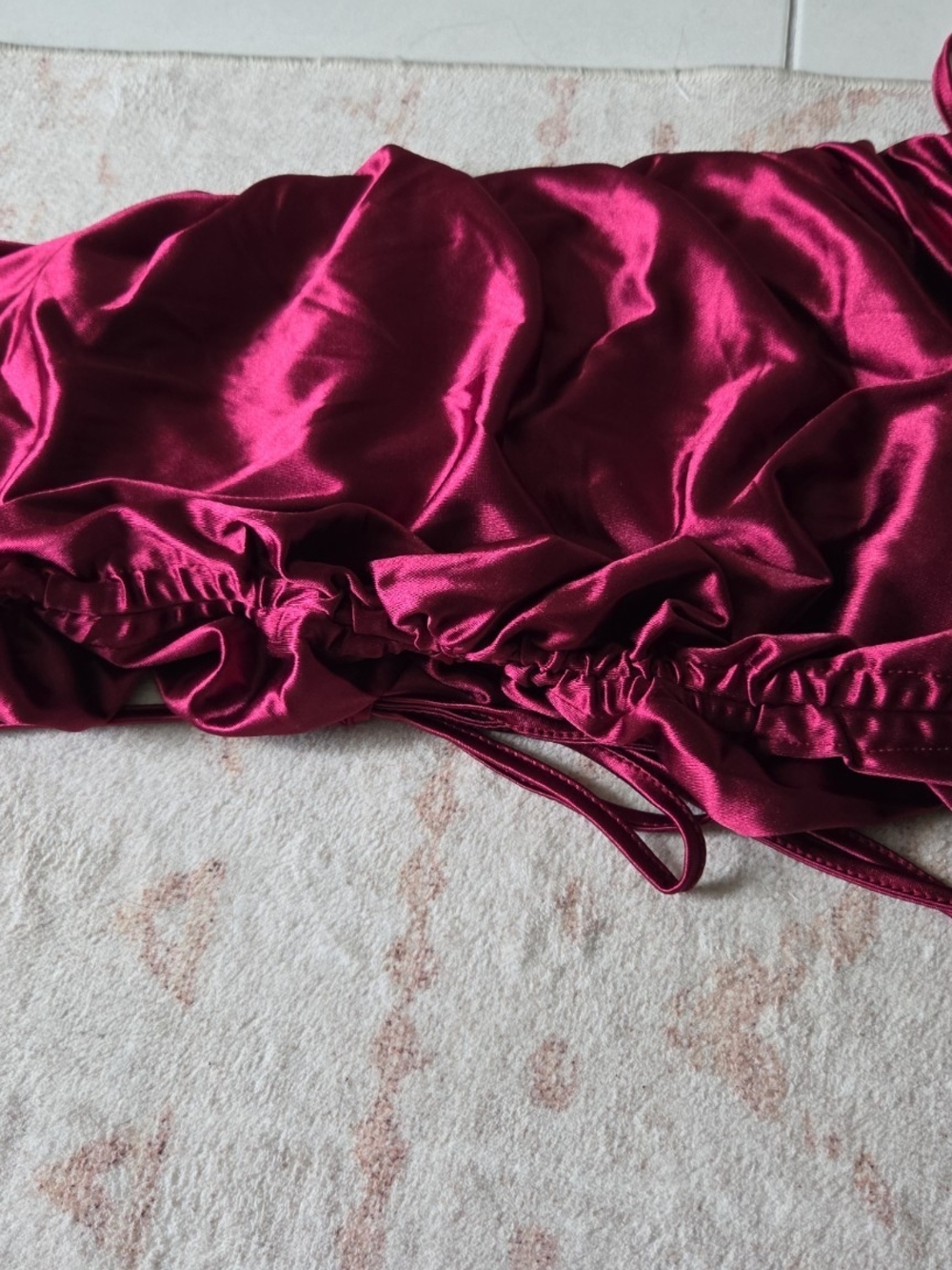 Burgundy Strapless Ruched Satin Midi Dress with Lace-Up Back - Picture 3 of 5